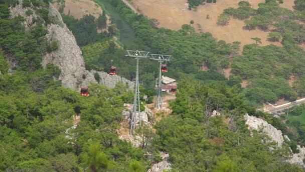 Red cabins move along ropeway above slopes with forests — Stock Video
