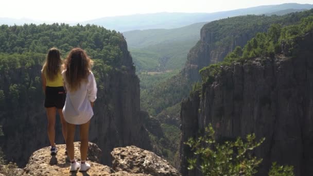 Vrouw toont groene bergen naar vriend staan op stenen — Stockvideo