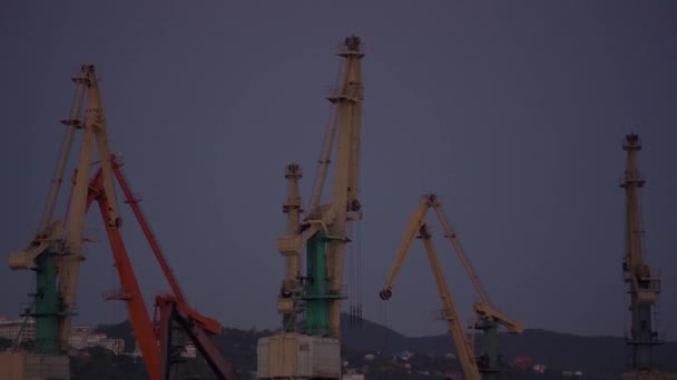 Большие портовые краны стоят на причале у гавани под серым небом — стоковое видео