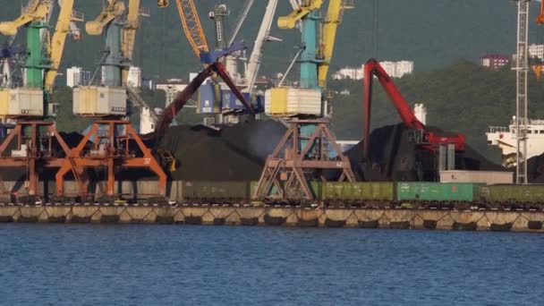 Varias grúas portuarias cerca de pilotes de carbón y tren en atraque — Vídeos de Stock