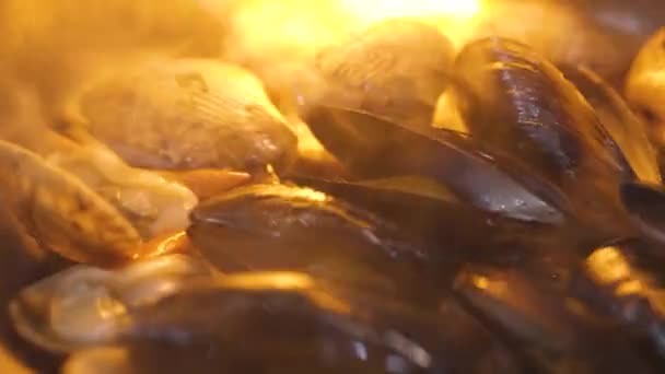 Preparación de sabrosos mejillones y vieiras en la sartén en fuego ardiente — Vídeos de Stock