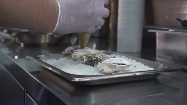 L'homme ajoute de la sauce à de délicieuses huîtres sur un plateau en métal dans la cuisine — Video