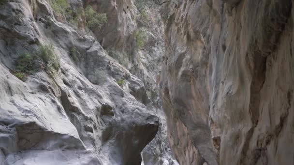 Серые и коричневые скалистые скалы странной формы в большом каньоне — стоковое видео