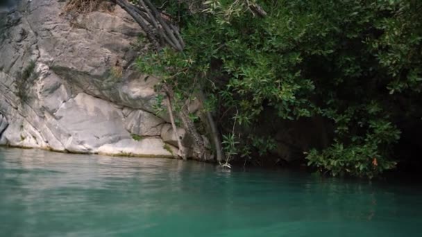 Calm blue lake water surface at brown rocky cliff and trees — Stock Video