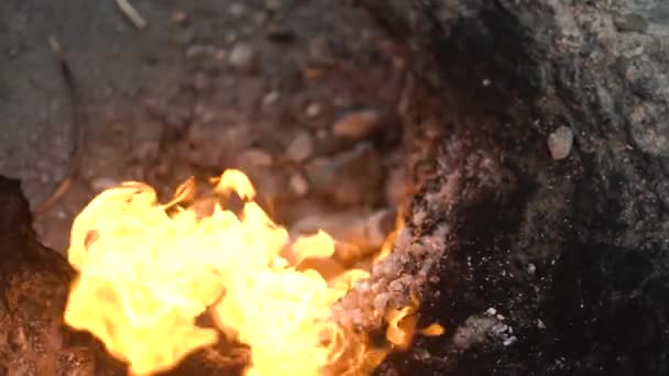 斜坡上甲烷的明亮的、持续燃烧的自然火 — 图库视频影像
