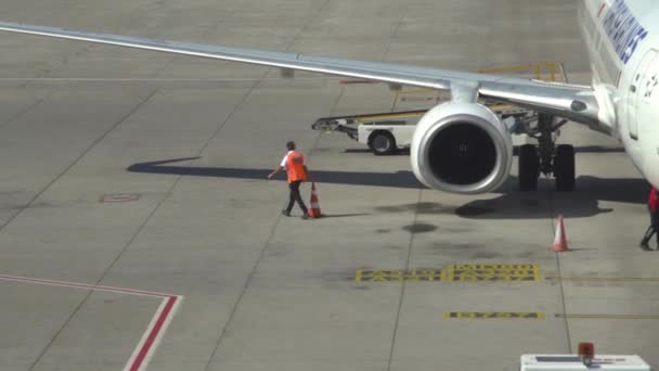 Сотрудники аэропорта окружают большой самолет красными и белыми конусами — стоковое видео