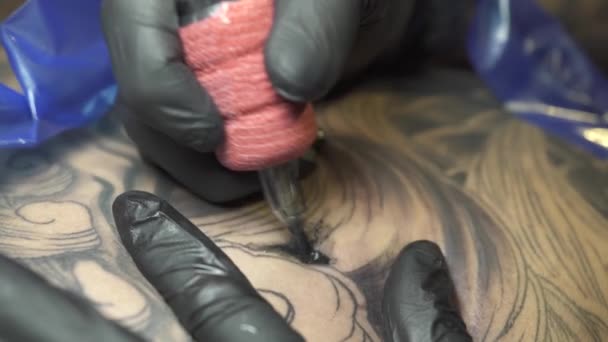 Tatuaje artista aplica color en persona de nuevo con agujas — Vídeos de Stock