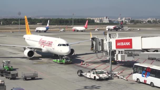 巨大的带有标识的客机立在停机坪上 — 图库视频影像