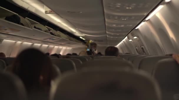 Os passageiros sentam-se em cadeiras na cabine do avião acima dos assentos — Vídeo de Stock