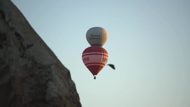 Varmluftsballonger dekorerade med enorma logotyper flyter vid klippan — Stockvideo