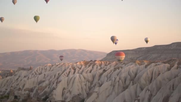 Verschillende heteluchtballonnen met envelop silhouetten drijven — Stockvideo