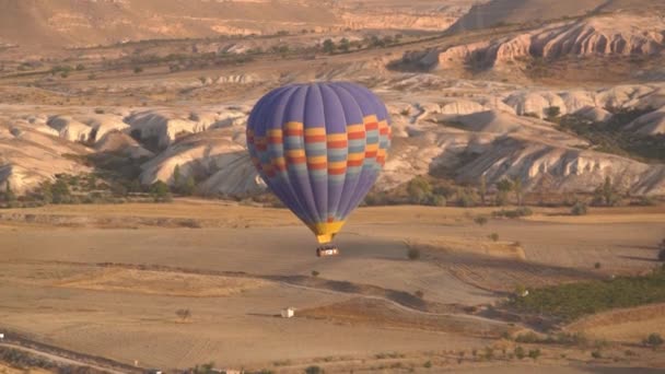 Warna-warni balon udara panas dengan keranjang melayang di atas dataran tinggi — Stok Video