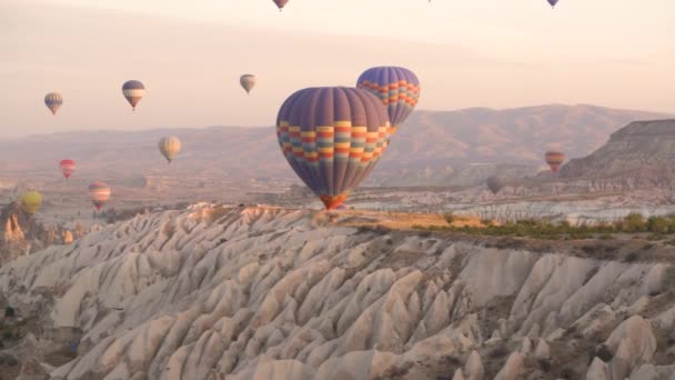 Verschillende kleurrijke heteluchtballonnen met enorme enveloppen vliegen — Stockvideo