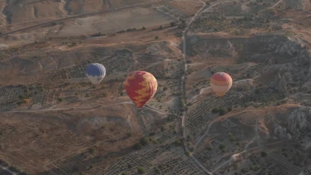 Olika färgade varmluftsballonger flyger över högland — Stockvideo