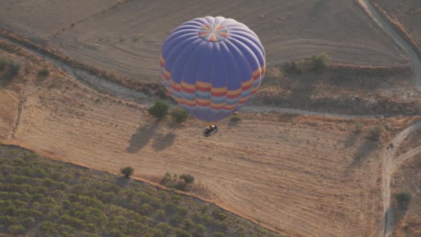 Barevný horkovzdušný balón s velkým hnědým košem plave — Stock video