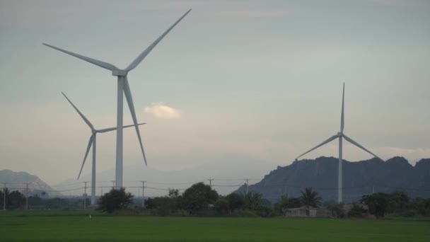Farma wiatrowa z dużymi łopatami obracającymi się na wiatrakach na łące — Wideo stockowe