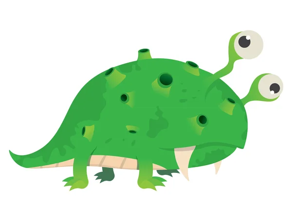 Drôle vert monstre mutant yeux sur quatre jambes avec crocs — Image vectorielle