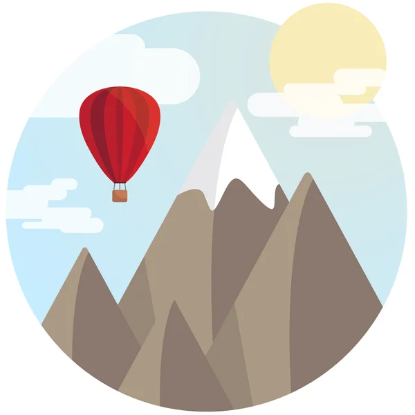 Βουνό σε έναν κύκλο, με ένα μπαλόνι, τα σύννεφα και μπλε ουρανό — Διανυσματικό Αρχείο