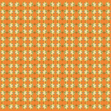 Turuncu arkaplana karşı şekillendirilmiş beyaz, sarı ve yeşil çiçekli veya geleneksel motiflerin tekrarlanan bir tasarımı.
