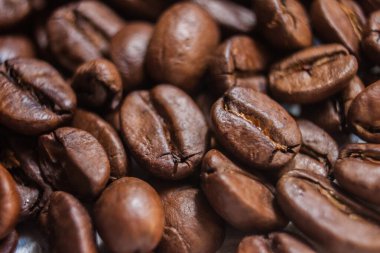 Makro kavrulmuş kahve çekirdekleri sanatsal fotoğraf, kahverengi fasulye, Arabica, Robusta, Liberica, Excelsa, Kopi Luwak ve Black Fildişi, taze aromatik kafein, seçici odaklanma, sığ alan derinliği, Kahire Mısır