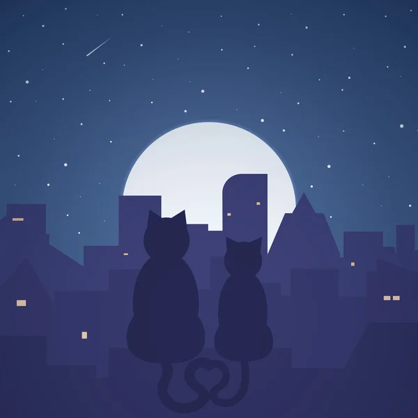 Dos gatos sentados en un techo por la noche — Vector de stock