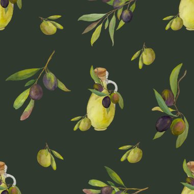 Yeşil ve siyah zeytinli ve cam şişeli zeytin dalları içeren kusursuz suluboya desenleri. Doğal bir Akdeniz tarzında el yapımı botanik illüstrasyon. Gıda ambalajı, organik ürünler ve tekstil için mükemmel.