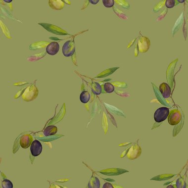 Zeytin dalları ile kusursuz suluboya deseni, zeytin yeşili zemin üzerinde yeşil ve siyah zeytin. Akdeniz doğasından esinlenilmiş el yapımı botanik illüstrasyon. Gıda ambalajı, zeytinyağı tasarımı ve tekstil için mükemmel.