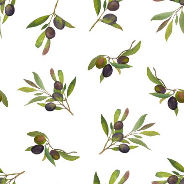 Zeytin dalları, yeşil ve siyah zeytinli kusursuz suluboya deseni. Akdeniz doğasından esinlenilmiş el yapımı botanik illüstrasyon. Gıda ambalajı, zeytinyağı tasarımı, tekstil, mutfak dekorasyonu, kırtasiye malzemeleri için mükemmel.