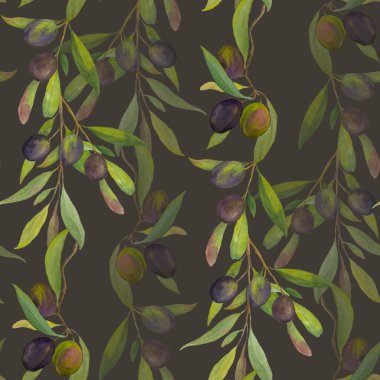 Seamless watercolor pattern featuring olive branches with green and black olives on a light background. Hand painted botanical illustration inspired by Mediterranean nature. Perfect for food packaging, olive oil design, textiles, wrapping paper