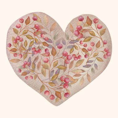 Elle boyanmış suluboya kalp, böğürtlen dalları ve yumuşak yapraklarla dolu. Çıkartmalar, ambalajlar, tebrik kartları ve markalar için dekoratif bir amblem olarak tasarlandı.