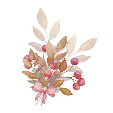 Böğürtlenli, yapraklı ve kurdeleli suluboya buket. Tebrik kartları, davetiyeler, markalaşma, ambalaj ve dekoratif tasarım projeleri için mükemmel.