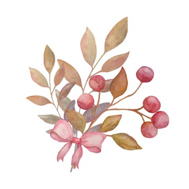 Elle boyanmış suluboya böğürtlen dalları ve yumuşak bir fiyonk. Nazik doğal renklerde dekoratif botanik bileşimi. Kartlar, davetiyeler, baskılar ve dekoratif tasarımlar için uygundur.