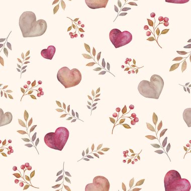 Elle boyanmış kalpler ve yapraklı botanik elementler içeren kusursuz suluboya desenler.