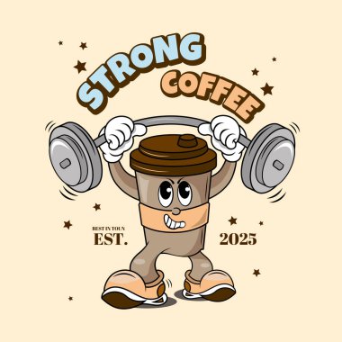 Strong Coffee Cup Mascot Lifting Weights. Funny vector illustration of a strong coffee cup mascot lifting a barbell. Cartoon character design for coffee shop branding, posters, or merchandise.