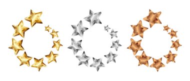 Altın, gümüş, bronz yıldız çerçevesi, gerçekçi yıldızlar, 3D altın, gümüş ve bronz yıldız çerçevesi