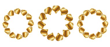 Altın kalplerden yapılmış yuvarlak çerçeveler, 3 boyutlu gerçekçi altın kalpler.