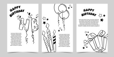 Doğum günleri, partiler ve tatiller için basit kartlar. Minimalist, el yapımı doğum günü hediyeleri, balonlar ve mumların çizimleri..