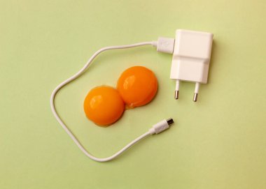 Çift yumurta sarısından yumurta ve pastel yeşil arka planda beyaz kablo. Düz yatıyordu. Modernizm kavramı.