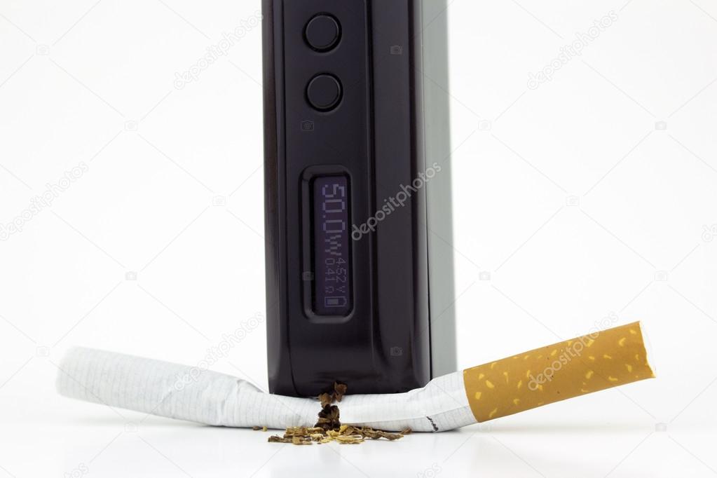 A box mod e-cigarette crushing a cigarette (close)