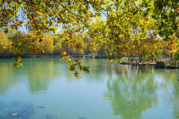 Autumn lake landscape with colorful reflections