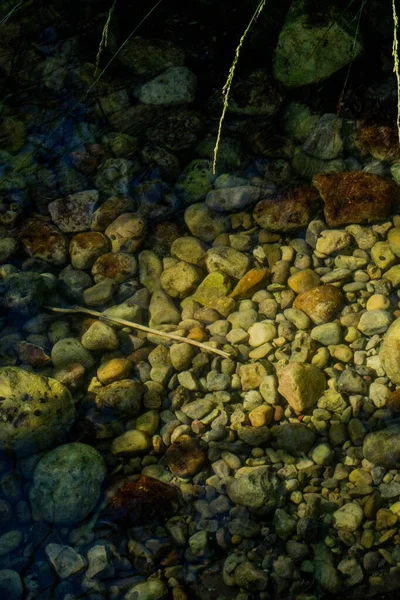 A rocky riverbed beneath shallow clear water with natural shadow and warm tones. Vertical nature landscape detail.