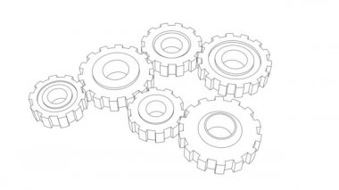 3 boyutlu görüntüleme. Çarklar dönüyor. Şablon dişlileri dönüyor. 4k döngü canlandırması.
