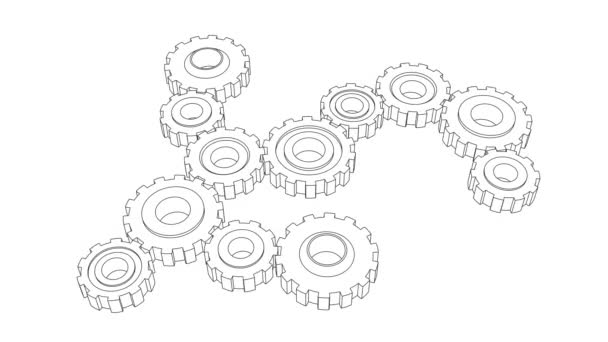 Weergave Lus Animatie Blauwdruk Versnellingen Draaien Sommige Langzaam Roterende Tandwielen Rechtenvrije Stockvideo's