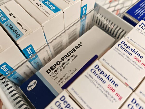 Прага, Чешская Республика - 9 июня 2025 года: DEPO-PROVERA by PFIZER, containing MEDROXYPROGESTERONE ACETATE, is an injectable contraceptive used for long-term birth control by preventing ovulation