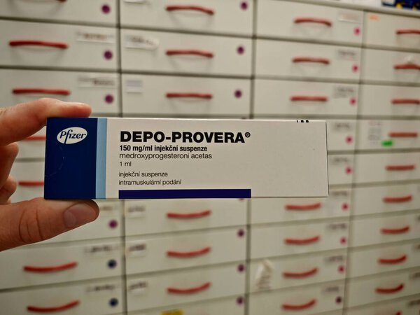 Прага, Чешская Республика - 9 июня 2025 года: DEPO-PROVERA by PFIZER, containing MEDROXYPROGESTERONE ACETATE, is an injectable contraceptive used for long-term birth control by preventing ovulation