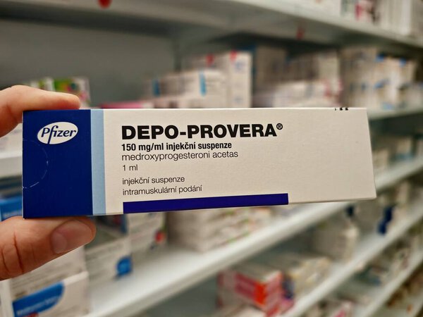 Прага, Чешская Республика - 9 июня 2025 года: DEPO-PROVERA by PFIZER, containing MEDROXYPROGESTERONE ACETATE, is an injectable contraceptive used for long-term birth control by preventing ovulation