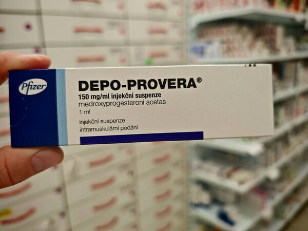 Прага, Чешская Республика - 9 июня 2025 года: DEPO-PROVERA by PFIZER, containing MEDROXYPROGESTERONE ACETATE, is an injectable contraceptive used for long-term birth control by preventing ovulation