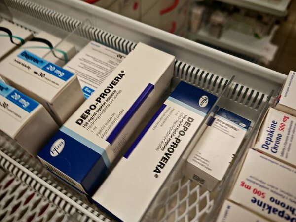 Прага, Чешская Республика - 9 июня 2025 года: DEPO-PROVERA by PFIZER, containing MEDROXYPROGESTERONE ACETATE, is an injectable contraceptive used for long-term birth control by preventing ovulation