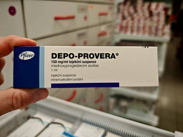 Прага, Чешская Республика - 9 июня 2025 года: DEPO-PROVERA by PFIZER, containing MEDROXYPROGESTERONE ACETATE, is an injectable contraceptive used for long-term birth control by preventing ovulation