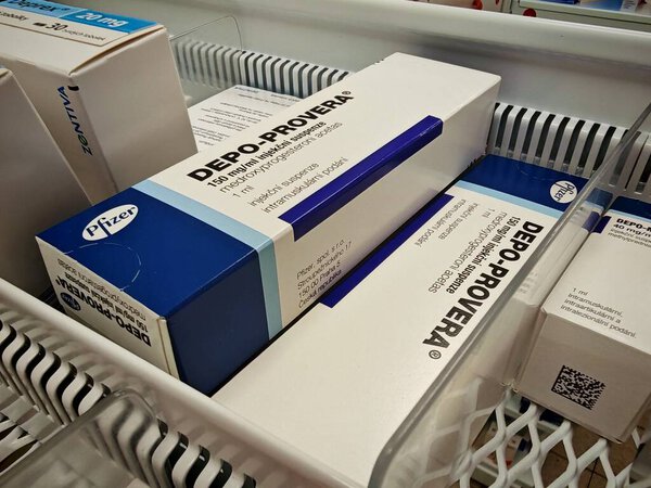 Прага, Чешская Республика - 9 июня 2025 года: DEPO-PROVERA by PFIZER, containing MEDROXYPROGESTERONE ACETATE, is an injectable contraceptive used for long-term birth control by preventing ovulation